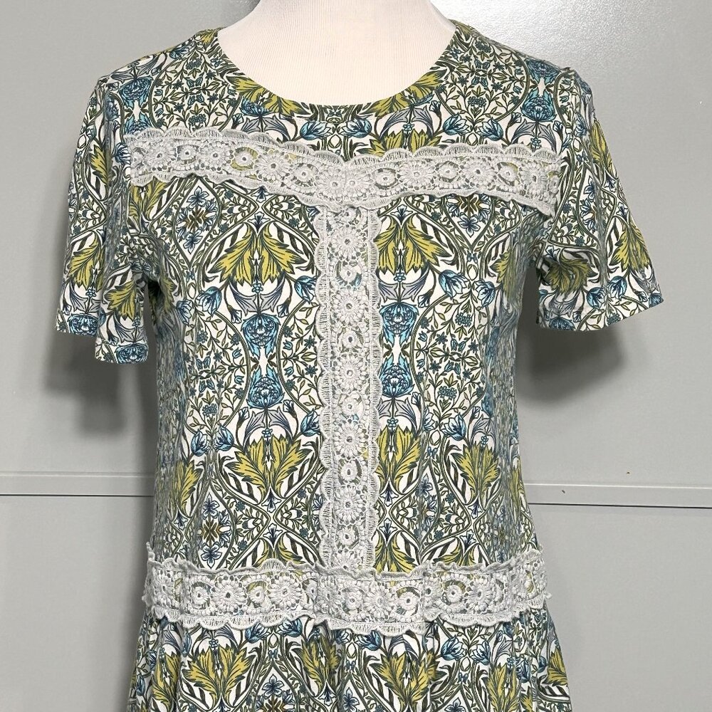 LOGO by Lori Goldstein Floral Short Sleeve Cotton Modal Top with Crochet Lace XS